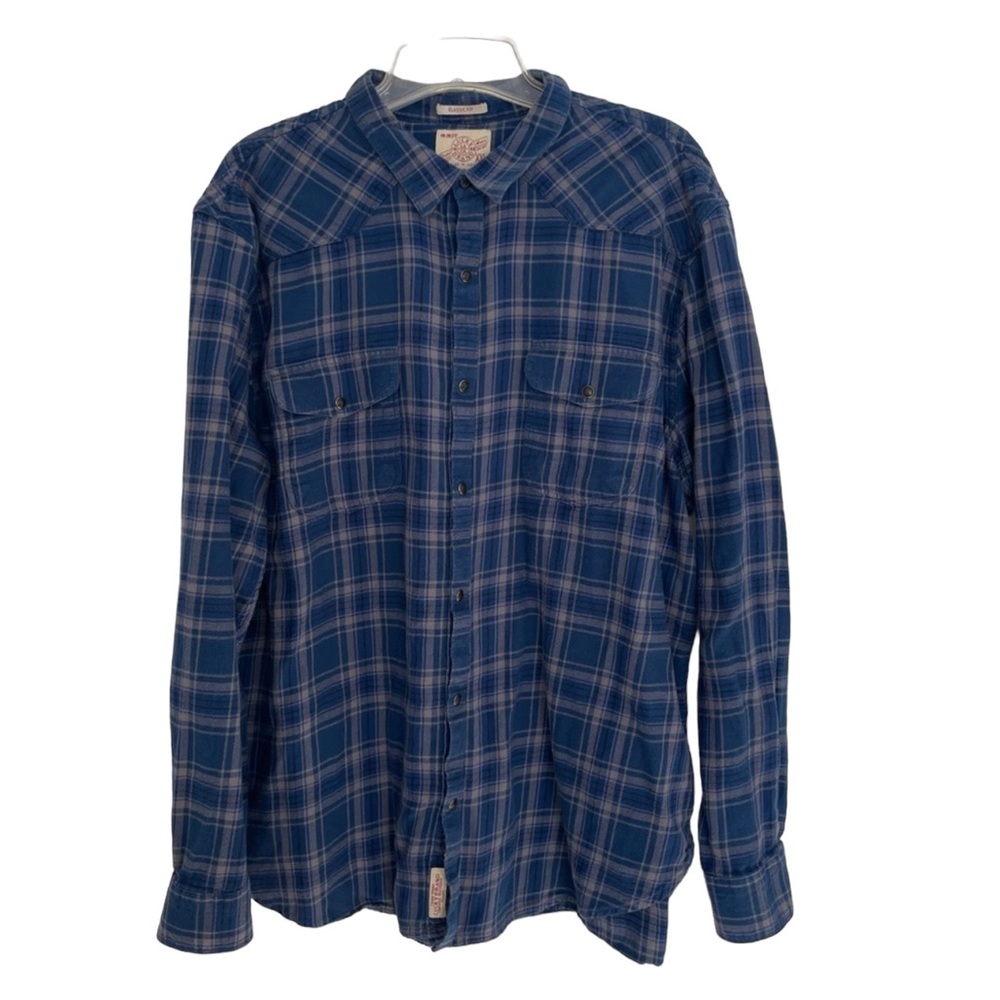 Lucky Brand XXL Blue Gray Classic‎ Fit Plaid Snap Button Shirt 2 Front Po…